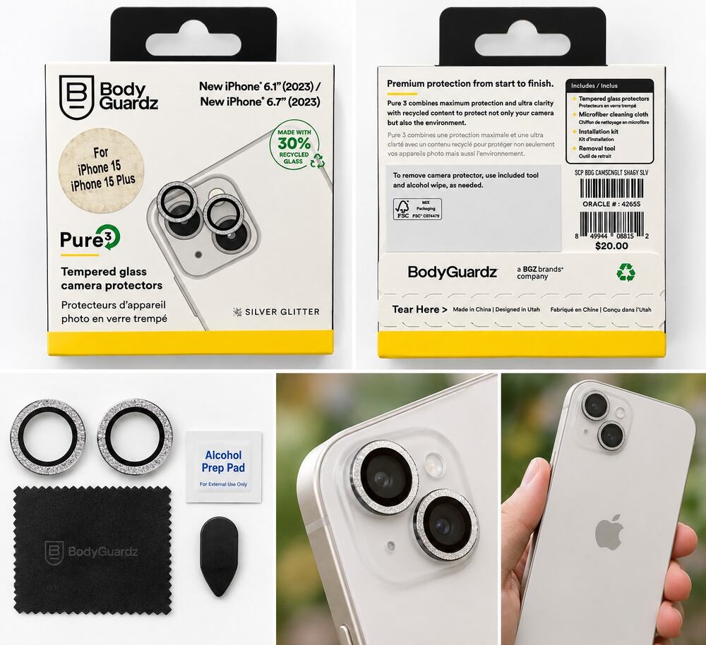 BodyGuardz Pure 3 Tempered Glass Camera Protectors – iPhone 15 / 15 Plus